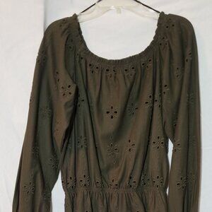 H&M COTTON BLOUSE. 75% POLYESTER 25%. OLIVE GREEN. LONG SLEEVE.